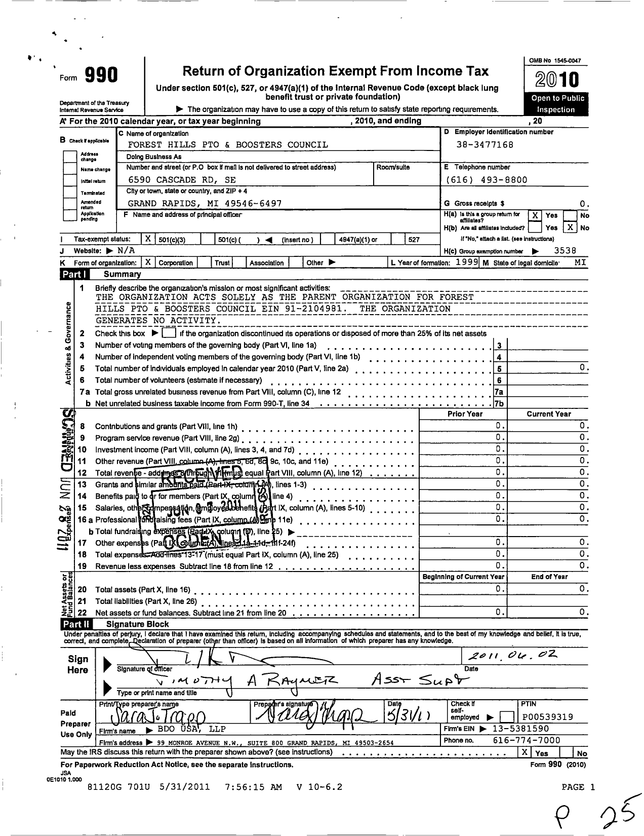 Image of first page of 2010 Form 990 for Forest Hills Pto and Boosters Council / Central Organization