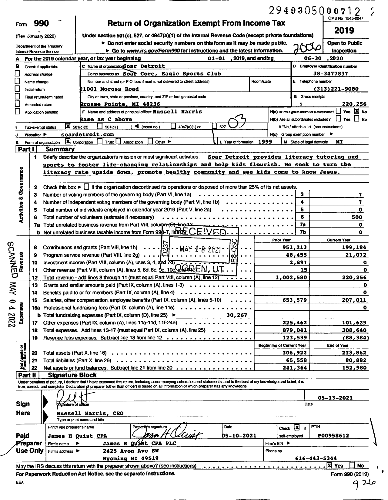 Image of first page of 2019 Form 990 for Soar Core Eagle Sports Club