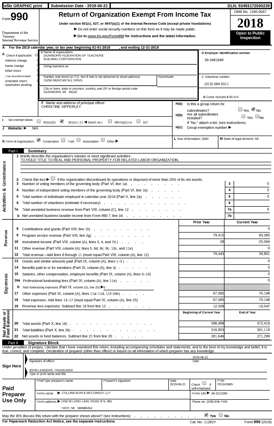 Image of first page of 2018 Form 990 for Dearborn Federation of Teachers Building Corporation