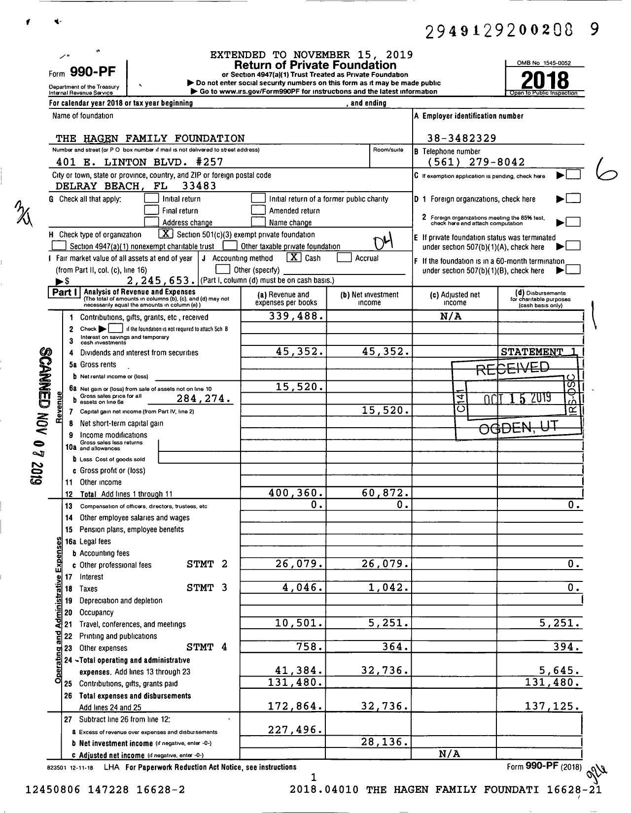 Image of first page of 2018 Form 990PF for The Hagen Family Foundation