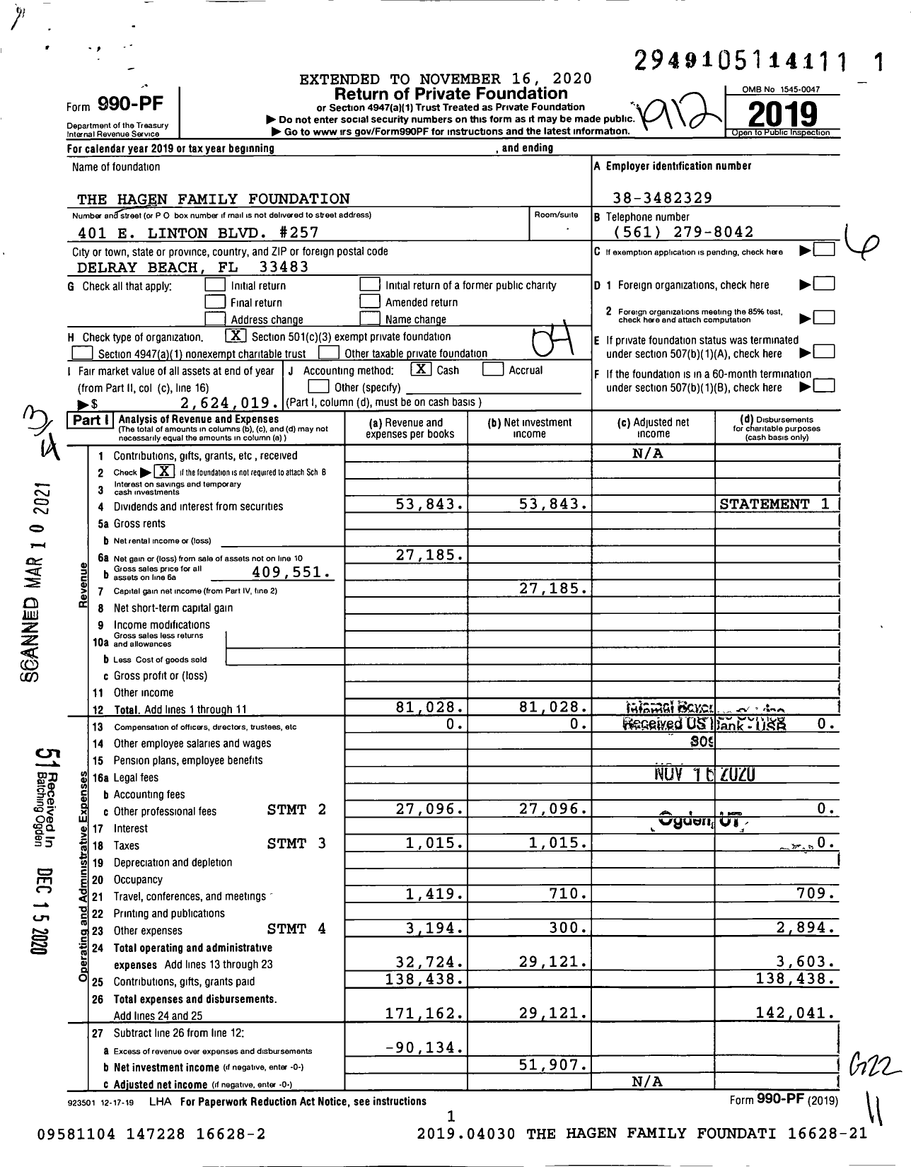 Image of first page of 2019 Form 990PF for The Hagen Family Foundation