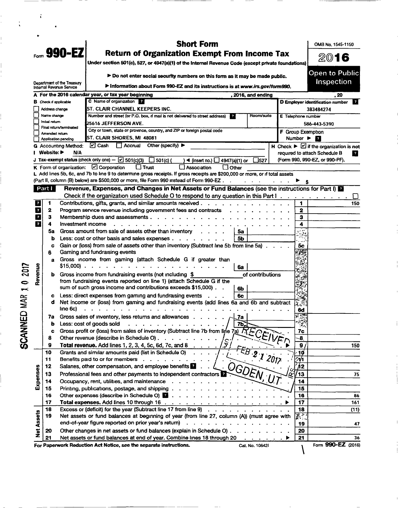 Image of first page of 2016 Form 990EZ for St Clair Channel Keeper