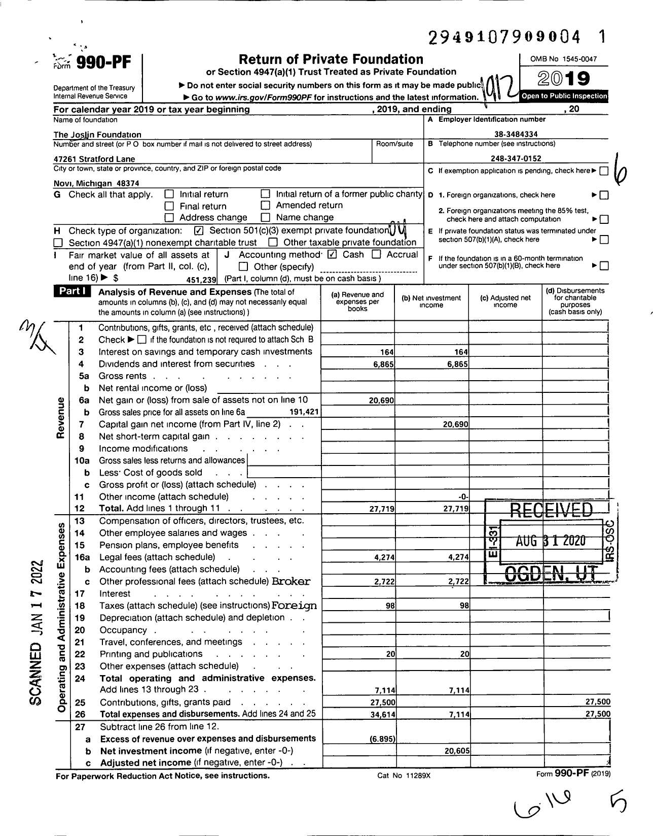 Image of first page of 2019 Form 990PF for The Joslin Foundation