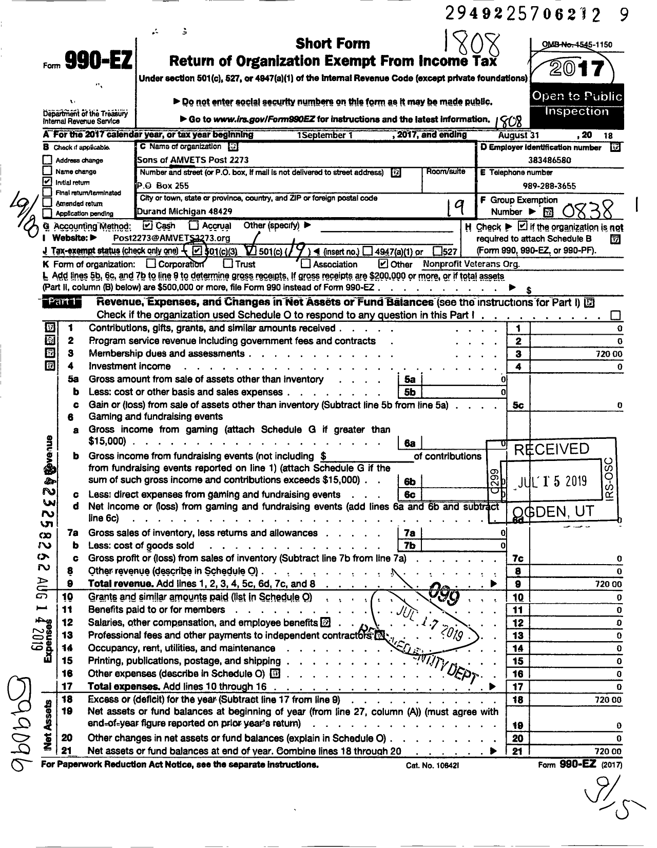 Image of first page of 2017 Form 990EO for Amvets - Mi 2273