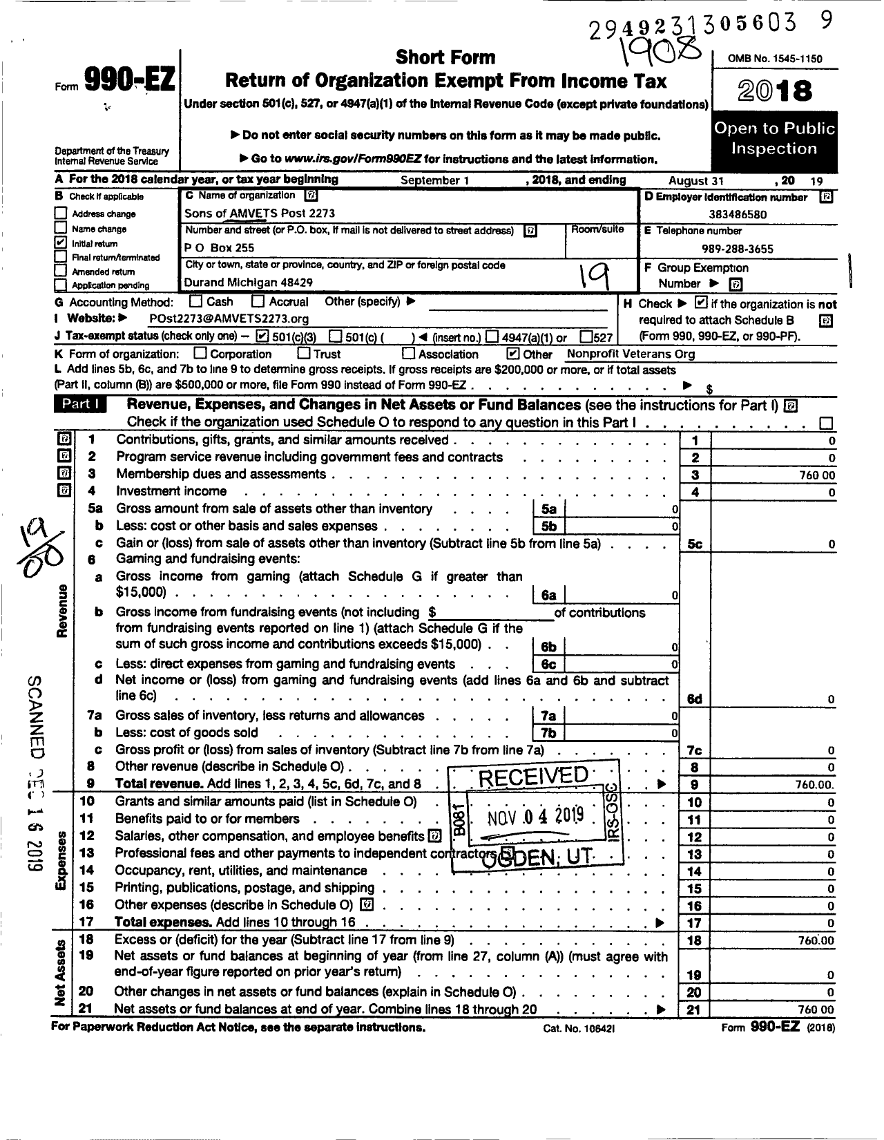 Image of first page of 2018 Form 990EO for Amvets - Mi 2273