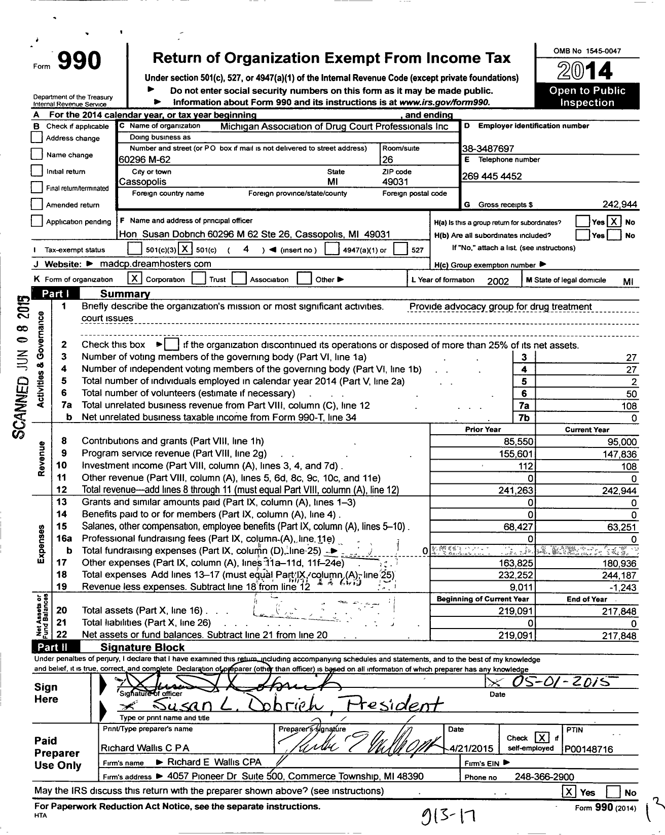 Image of first page of 2014 Form 990O for Michigan Association of Drug Court Professionals