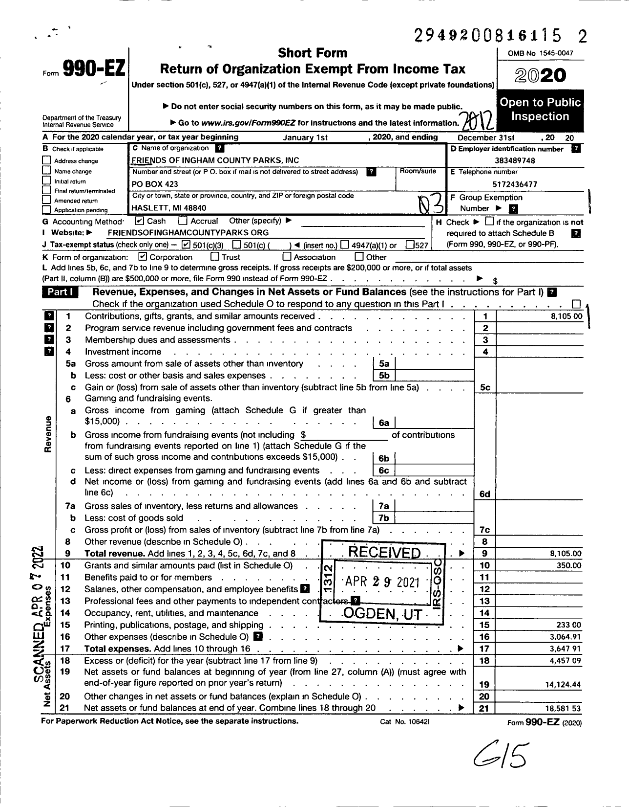 Image of first page of 2020 Form 990EZ for Friends of Ingham County Parks