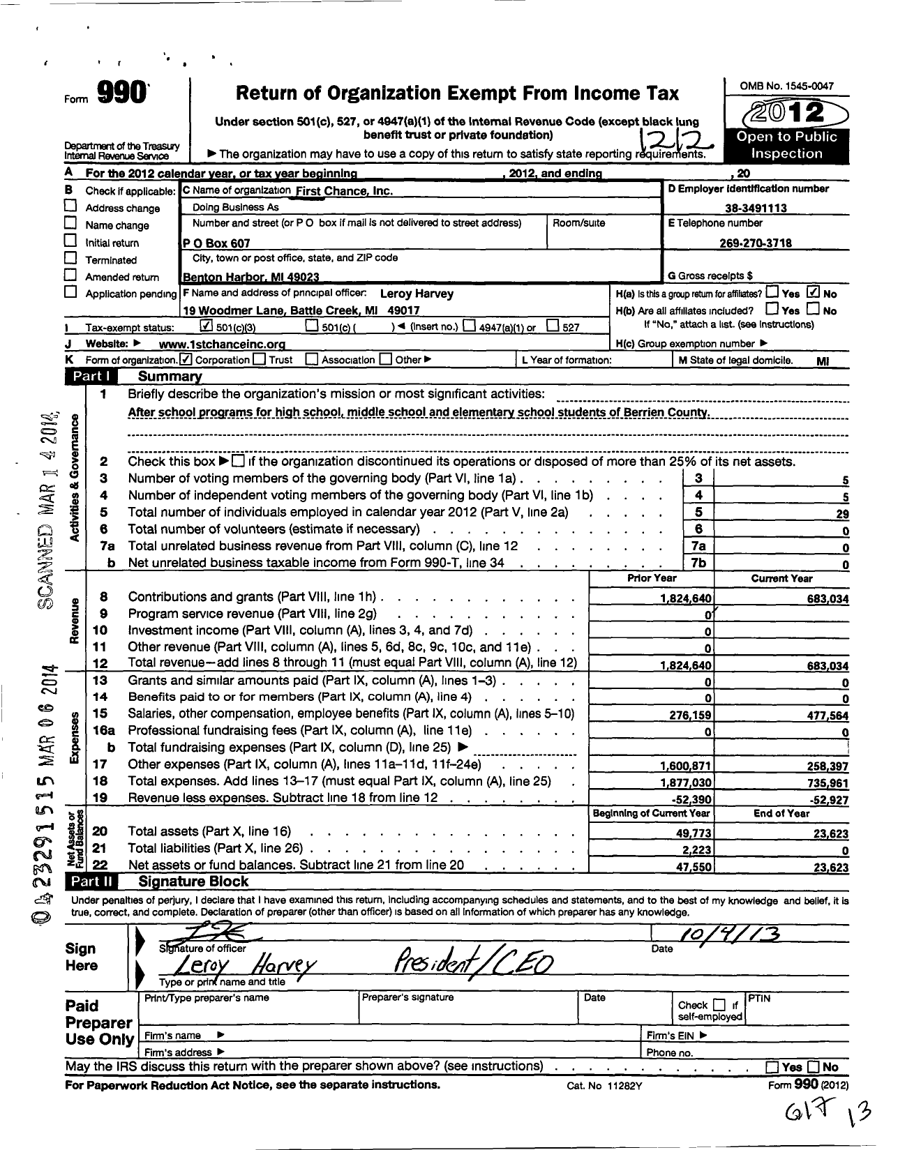 Image of first page of 2012 Form 990 for First Chance Incorporated