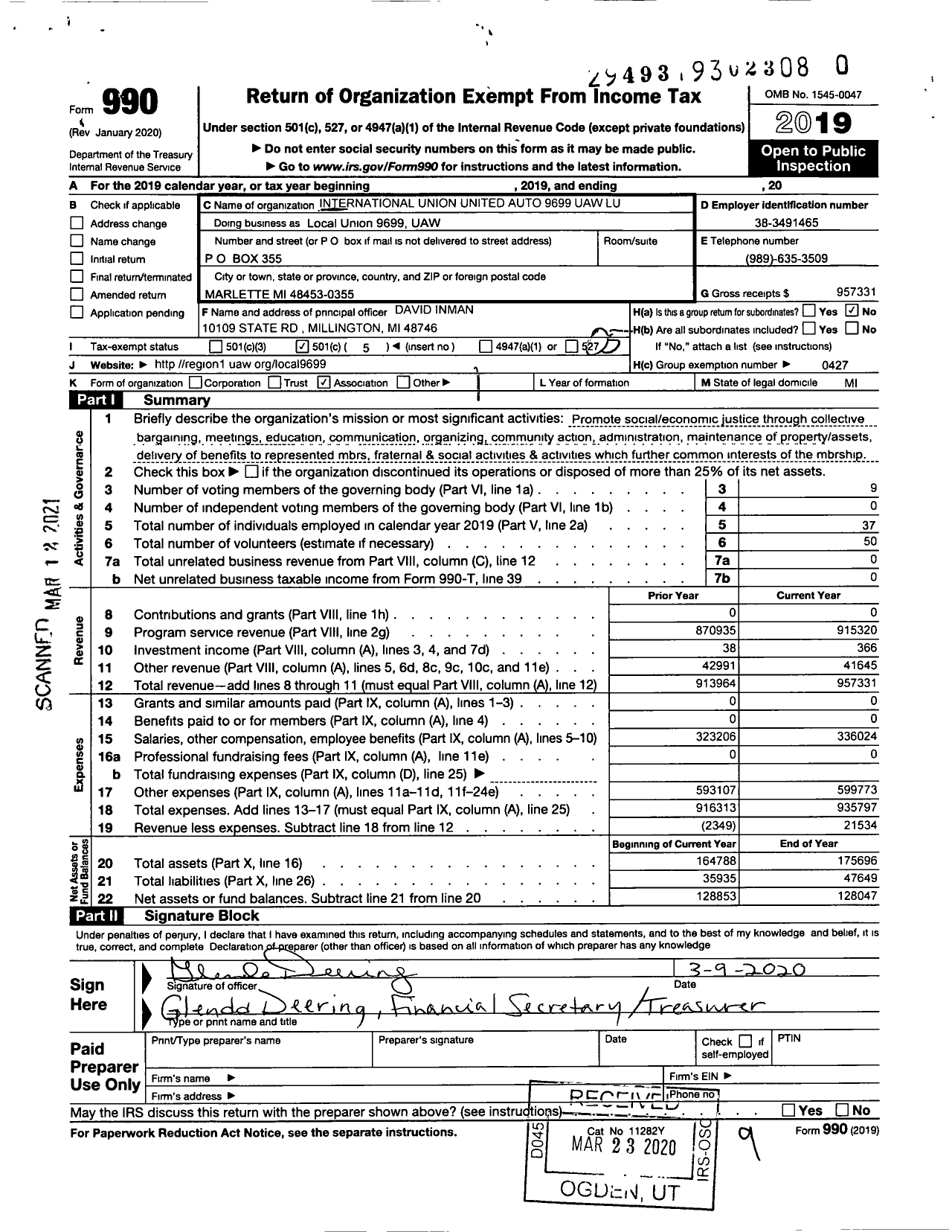 Image of first page of 2019 Form 990O for UAW - Local UNION 9699 UAW