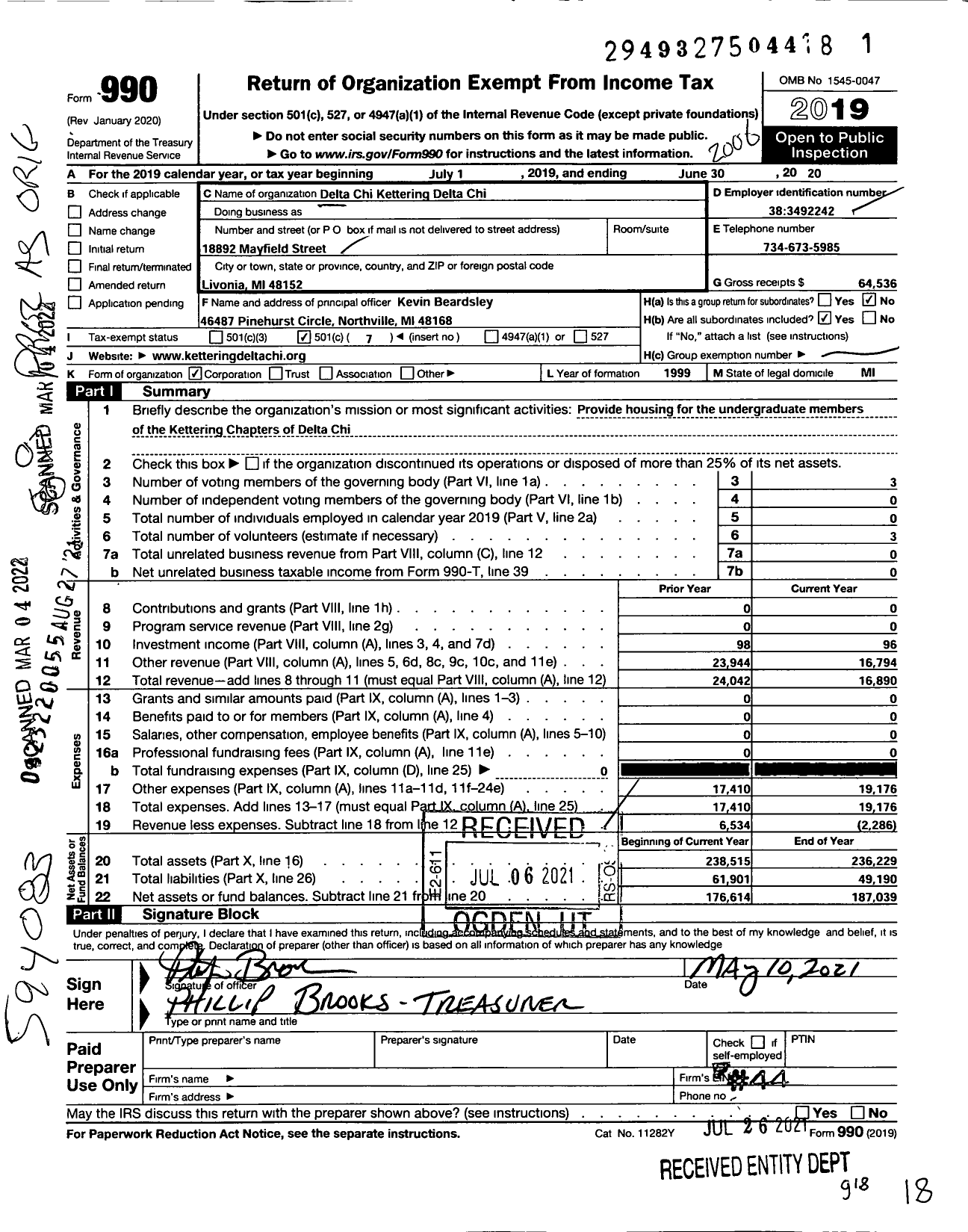 Image of first page of 2019 Form 990O for Delta Chi Kettering Housing Corporation