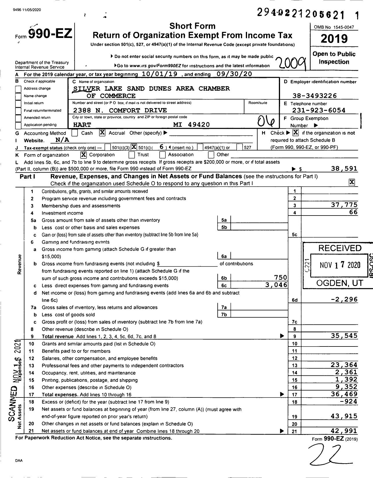 Image of first page of 2019 Form 990EO for Silver Lake Sand Dunes Area Chamber of Commerce