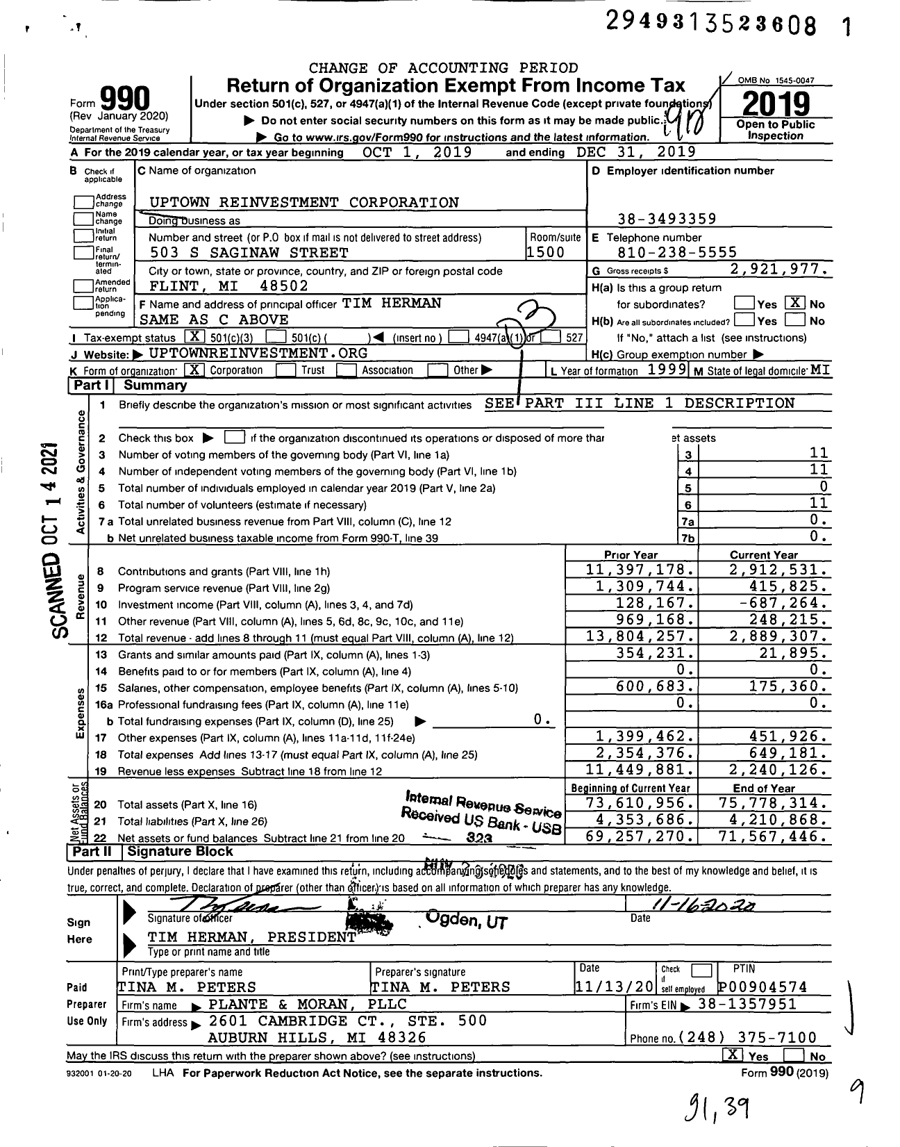 Image of first page of 2019 Form 990 for Uptown Reinvestment Corporation