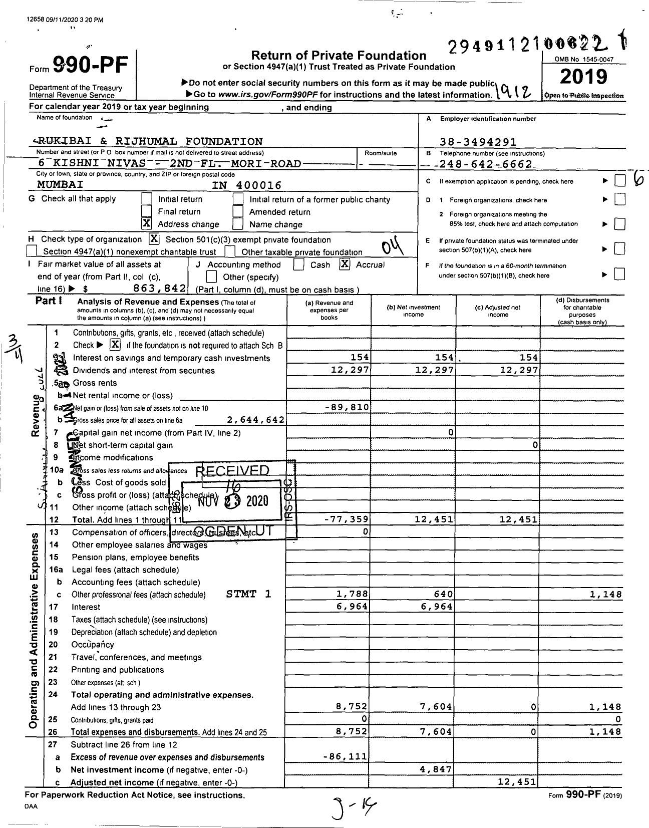 Image of first page of 2019 Form 990PF for Rukibai and Rijhumal Foundation