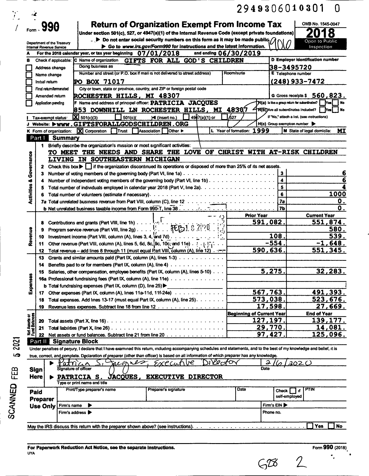 Image of first page of 2018 Form 990 for Gifts for All God's Children