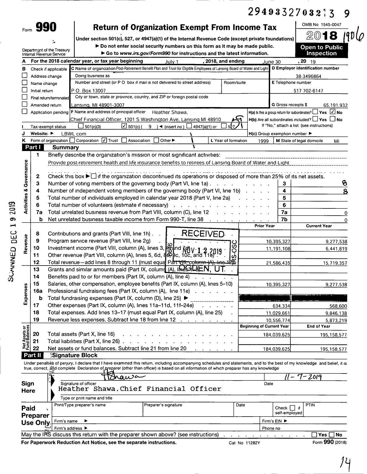 Image of first page of 2018 Form 990O for Post-Retirement Benefit Plan and Trust for Eligible Employees of Lansing Board