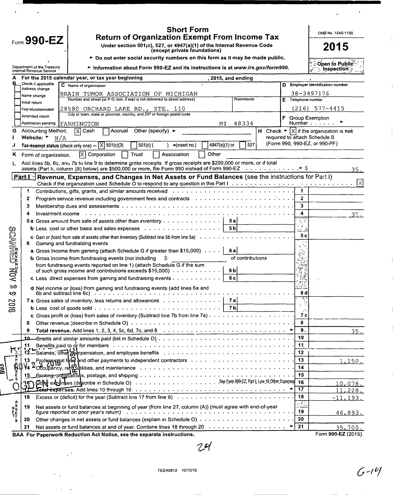 Image of first page of 2015 Form 990EZ for Brain Tumor Association of Michigan