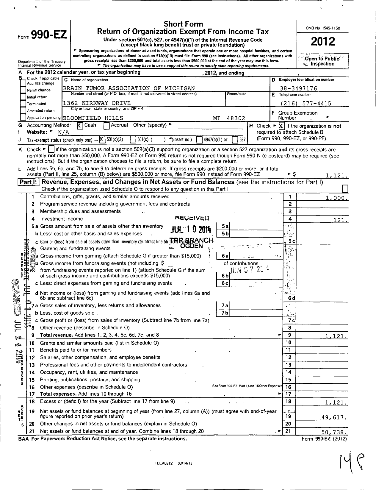 Image of first page of 2012 Form 990EZ for Brain Tumor Association of Michigan