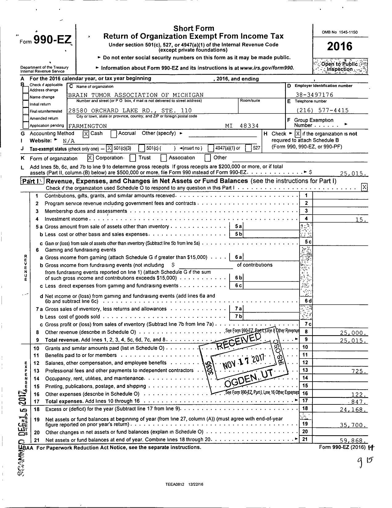 Image of first page of 2016 Form 990EZ for Brain Tumor Association of Michigan