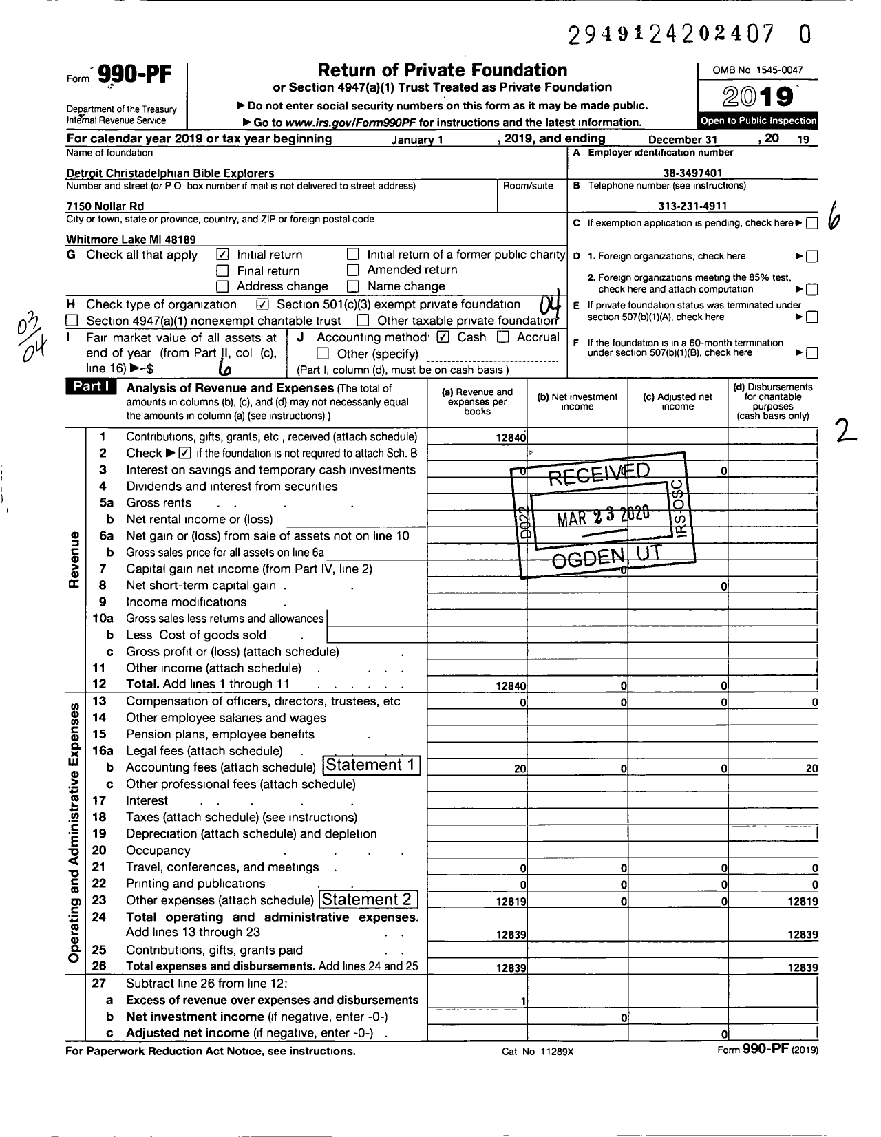 Image of first page of 2019 Form 990PR for Detroit Christadelphian Bible Explorers