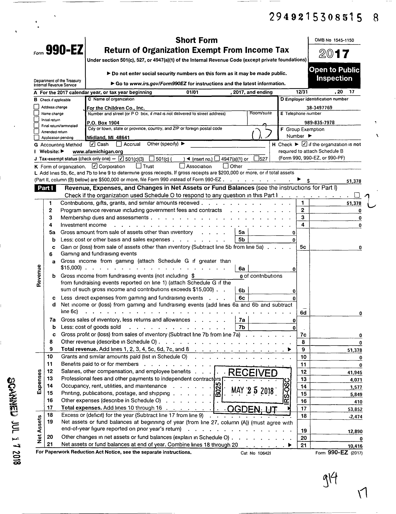 Image of first page of 2017 Form 990EZ for For the Children / American Family Assoc of Michigan