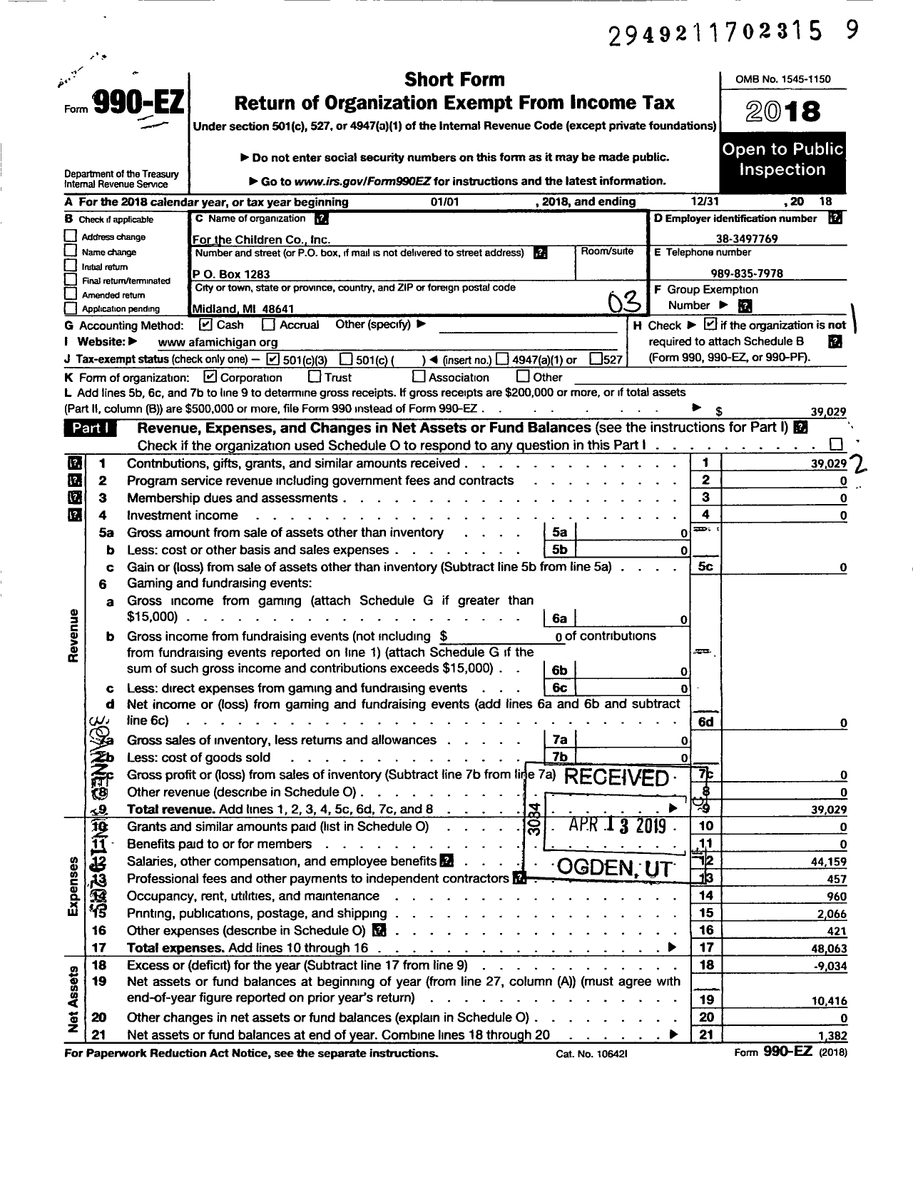 Image of first page of 2018 Form 990EZ for For the Children / American Family Assoc of Michigan