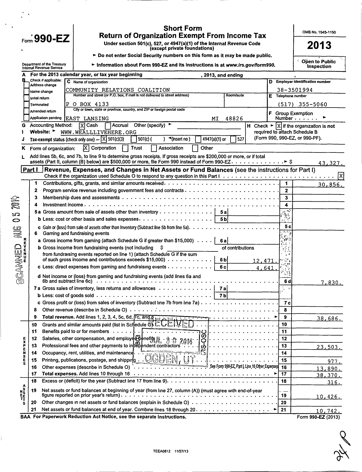 Image of first page of 2013 Form 990EZ for Community Relations Coalition