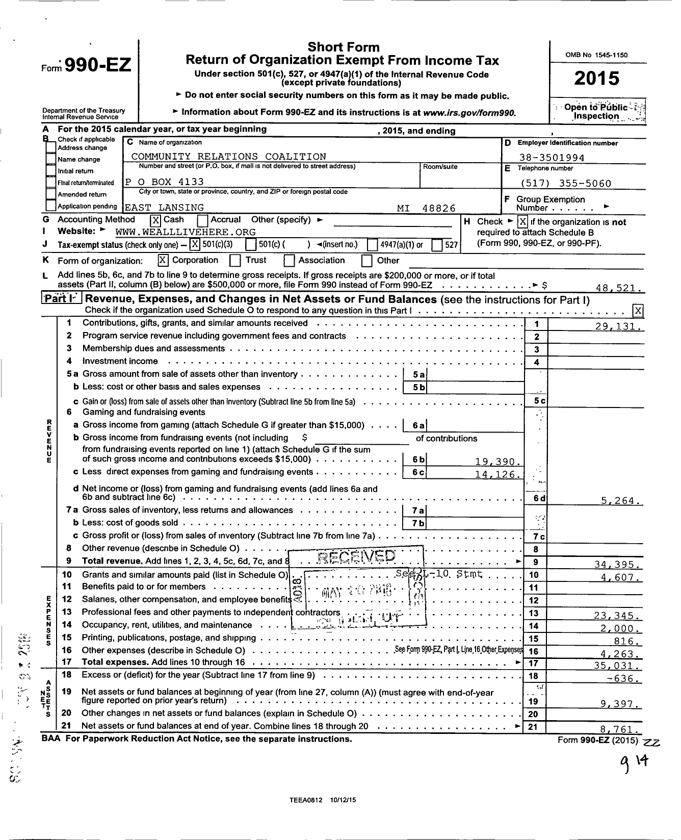 Image of first page of 2015 Form 990EZ for Community Relations Coalition