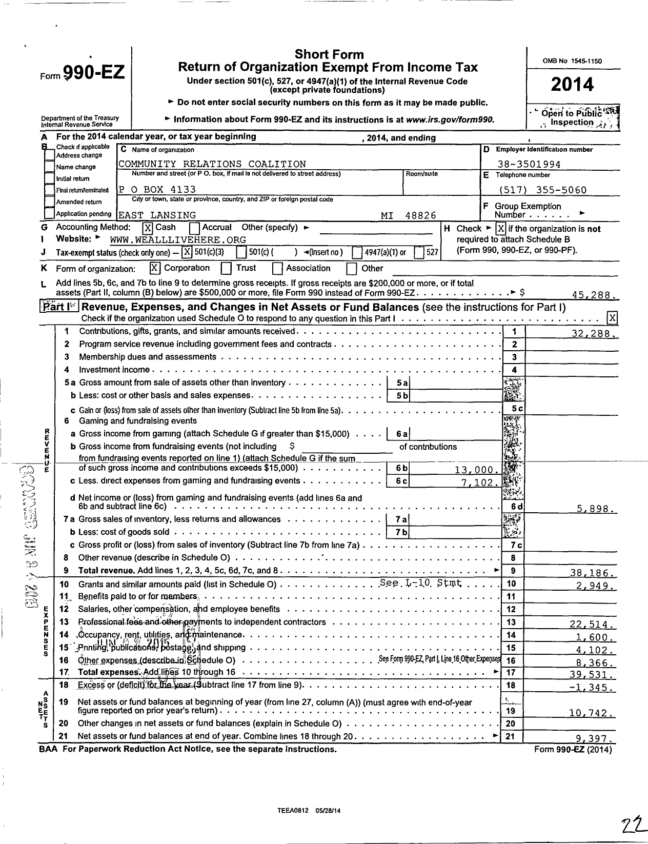 Image of first page of 2014 Form 990EZ for Community Relations Coalition