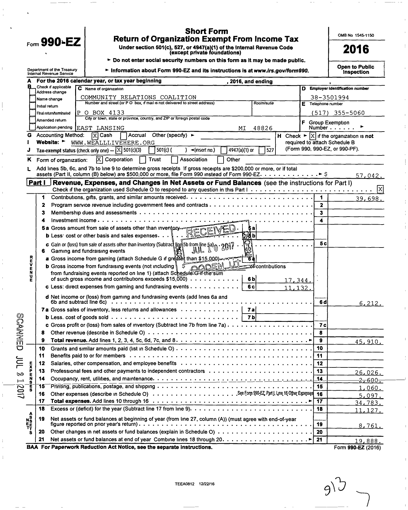 Image of first page of 2016 Form 990EZ for Community Relations Coalition