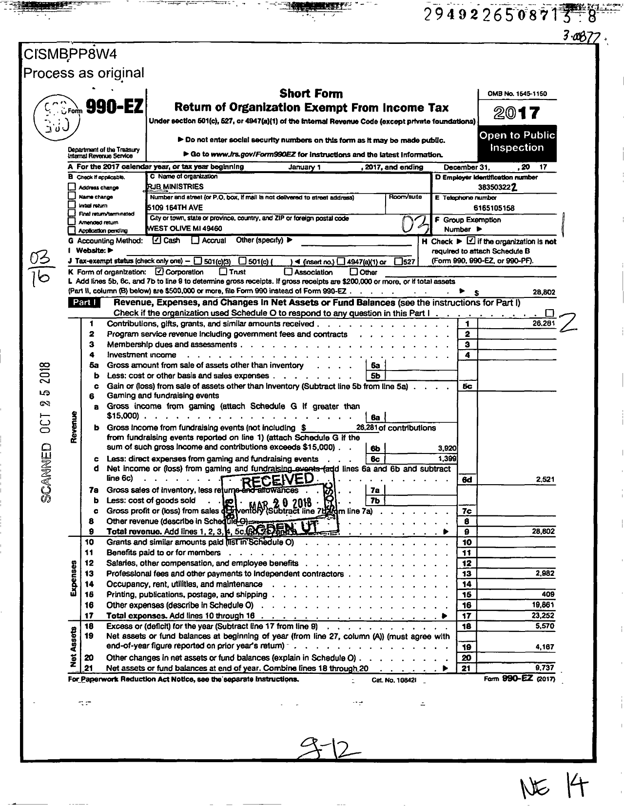 Image of first page of 2017 Form 990EZ for RJB Ministries