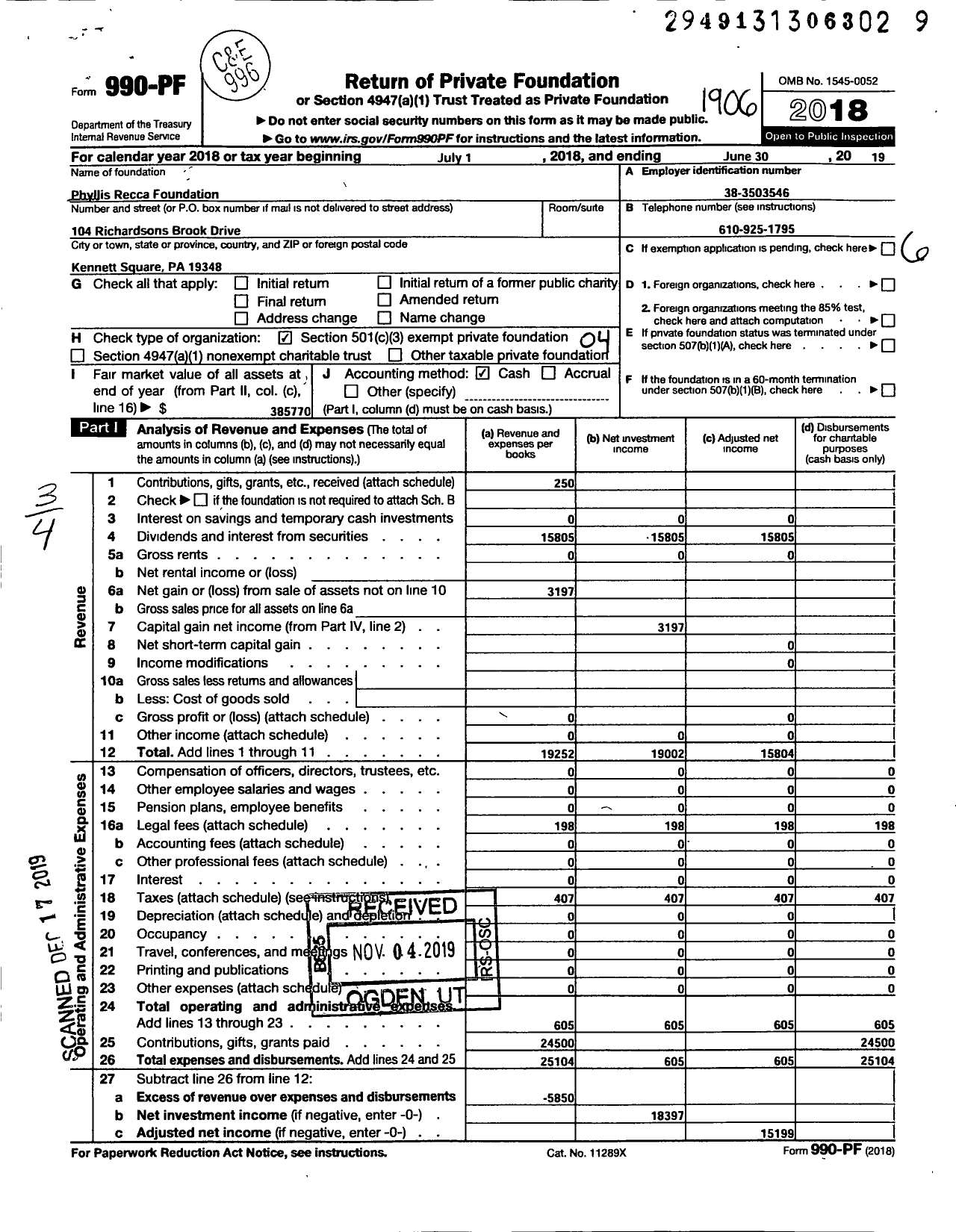 Image of first page of 2018 Form 990PF for Phyllis Recca Foundation