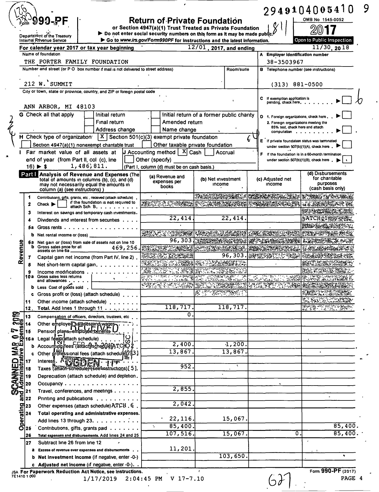 Image of first page of 2017 Form 990PF for The Porter Family Foundation