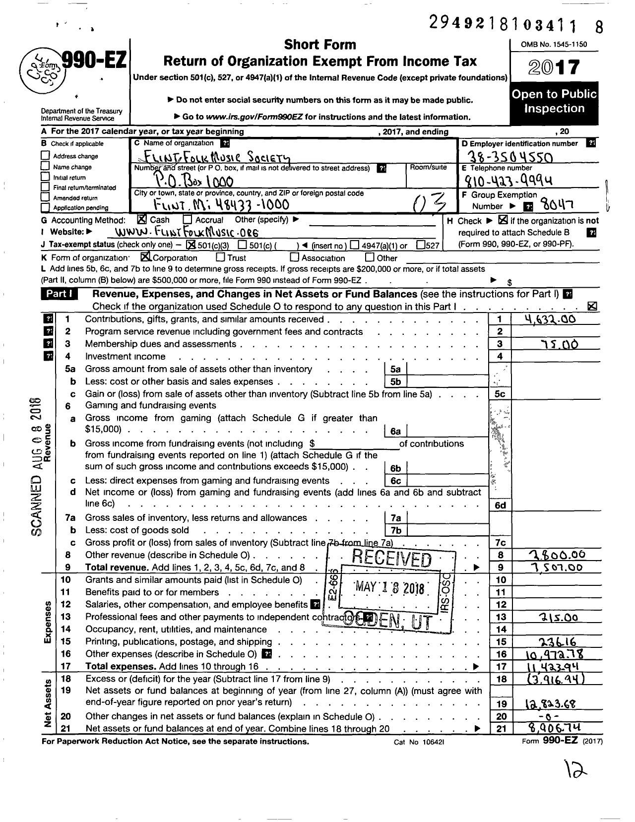 Image of first page of 2017 Form 990EZ for Flint Folk Music Society