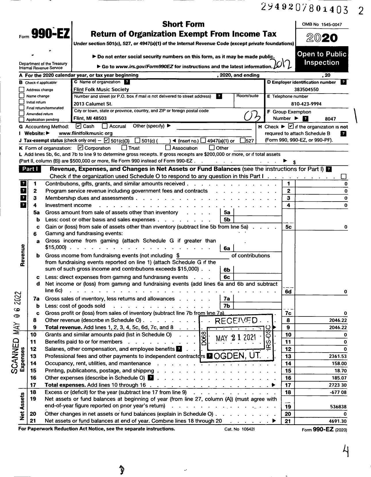 Image of first page of 2020 Form 990EZ for Flint Folk Music Society