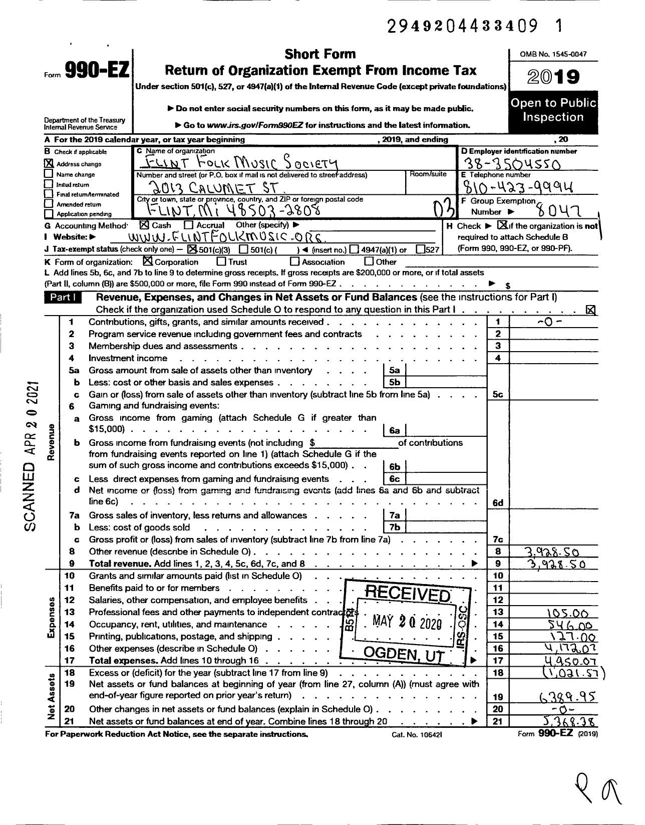 Image of first page of 2019 Form 990EZ for Flint Folk Music Society