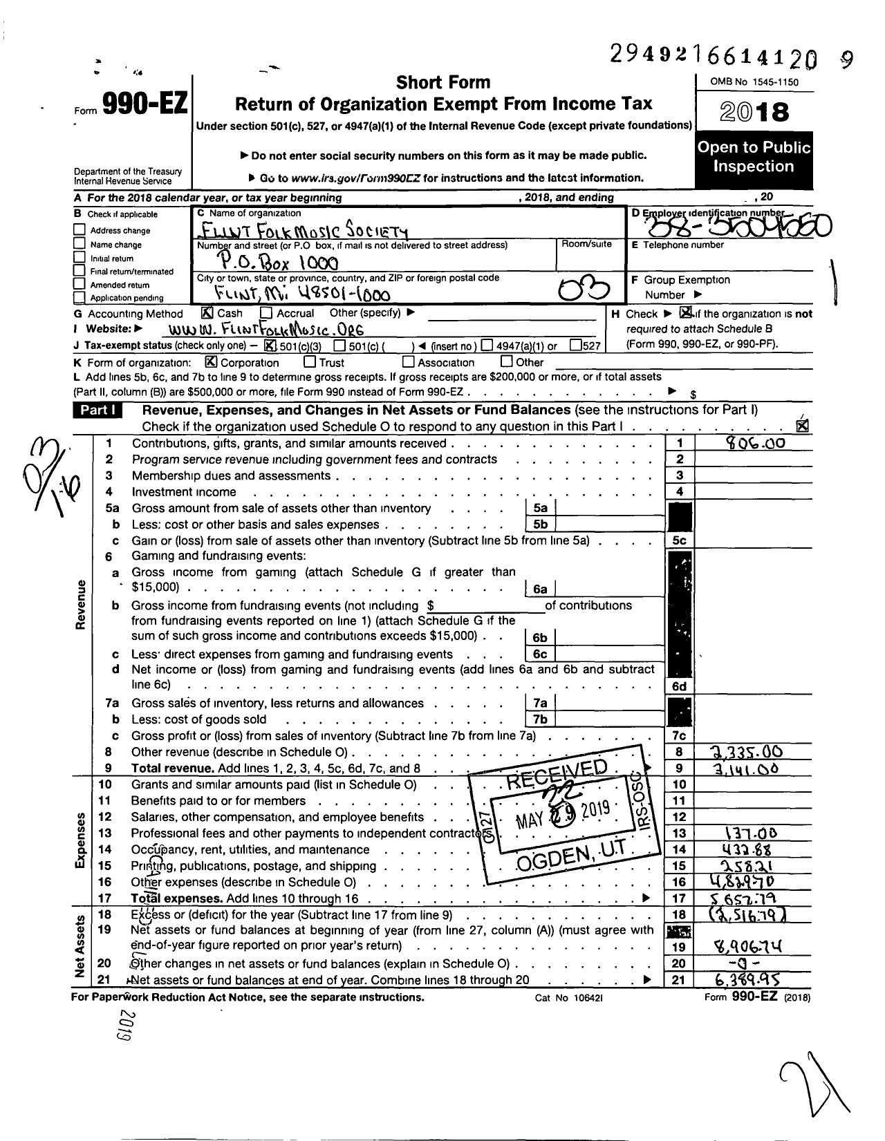 Image of first page of 2018 Form 990EZ for Flint Folk Music Society