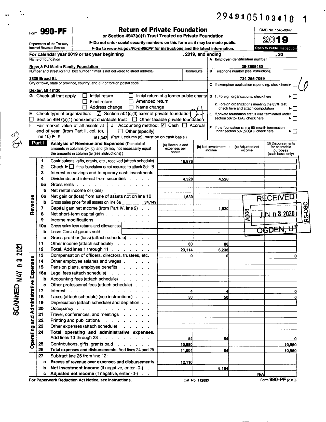 Image of first page of 2019 Form 990PF for Ross & Pj Martin Family Foundation