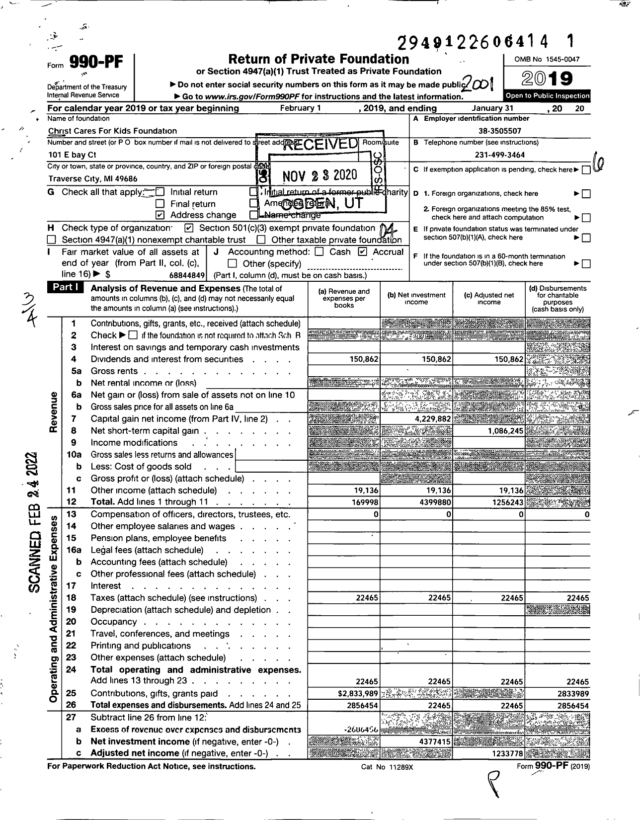 Image of first page of 2019 Form 990PF for Christ Cares for Kids Foundation