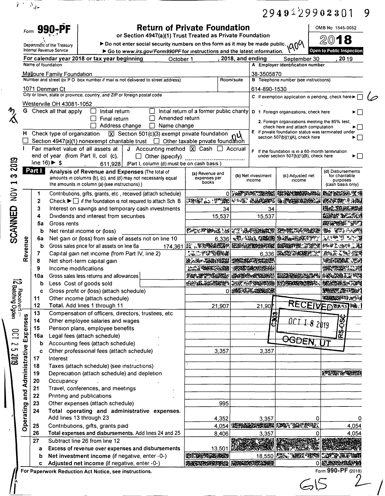 Image of first page of 2018 Form 990PF for Malloure Family Foundation