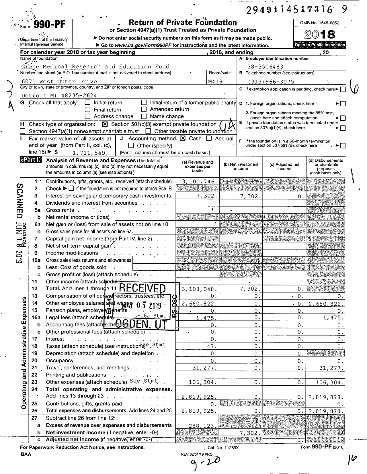 Image of first page of 2018 Form 990PF for Grace Medical Research and Education Fund
