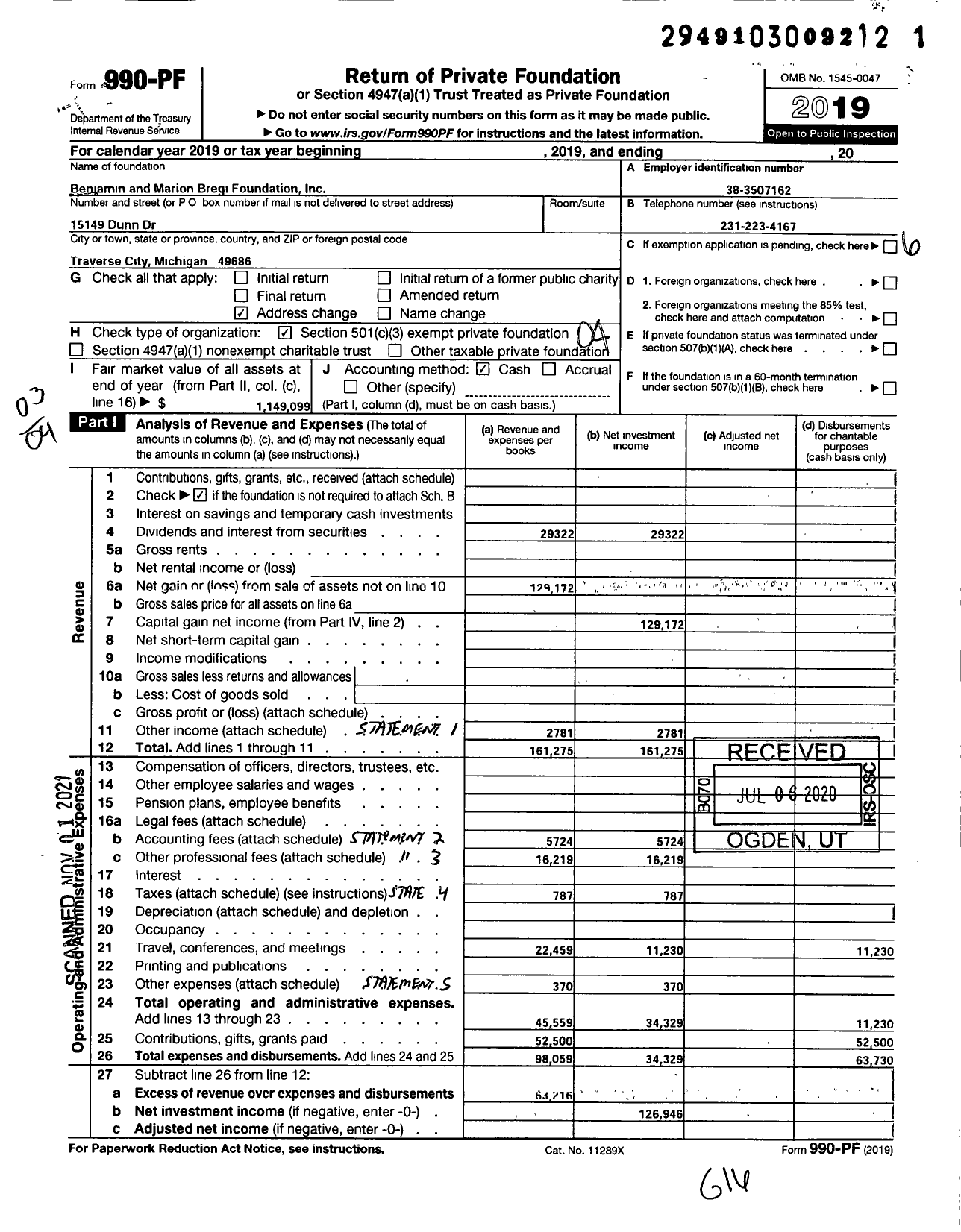 Image of first page of 2019 Form 990PF for Benjamin and Marion Bregi Foundation