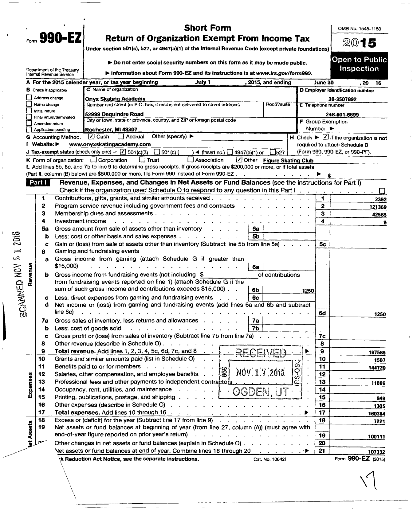 Image of first page of 2015 Form 990EZ for Onyx Skating Academy