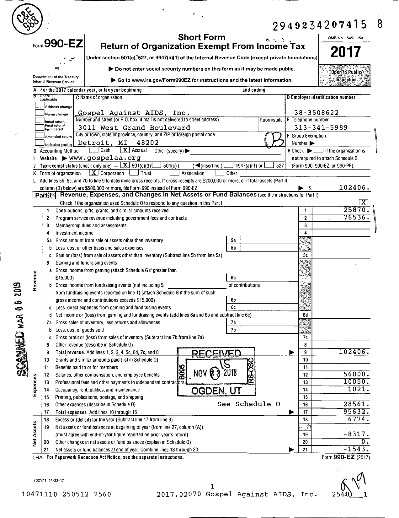 Image of first page of 2017 Form 990EZ for Gospel Against AIDS