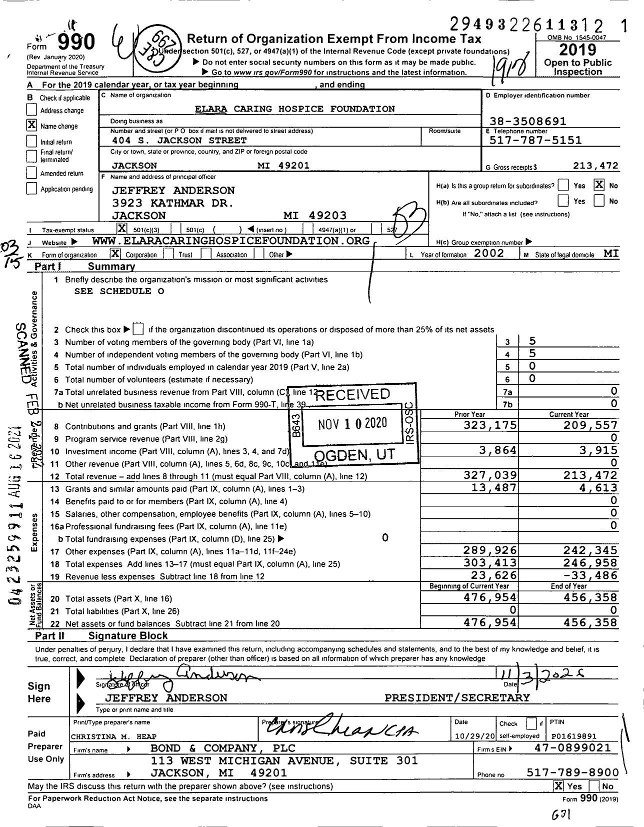 Image of first page of 2019 Form 990 for Elara Caring Hospice Foundation