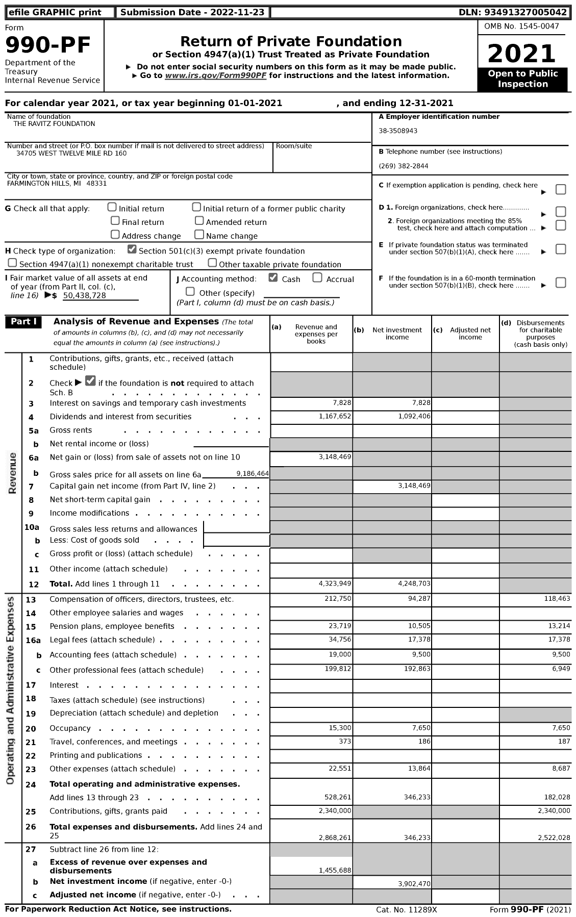 Image of first page of 2021 Form 990PF for The Ravitz Foundation