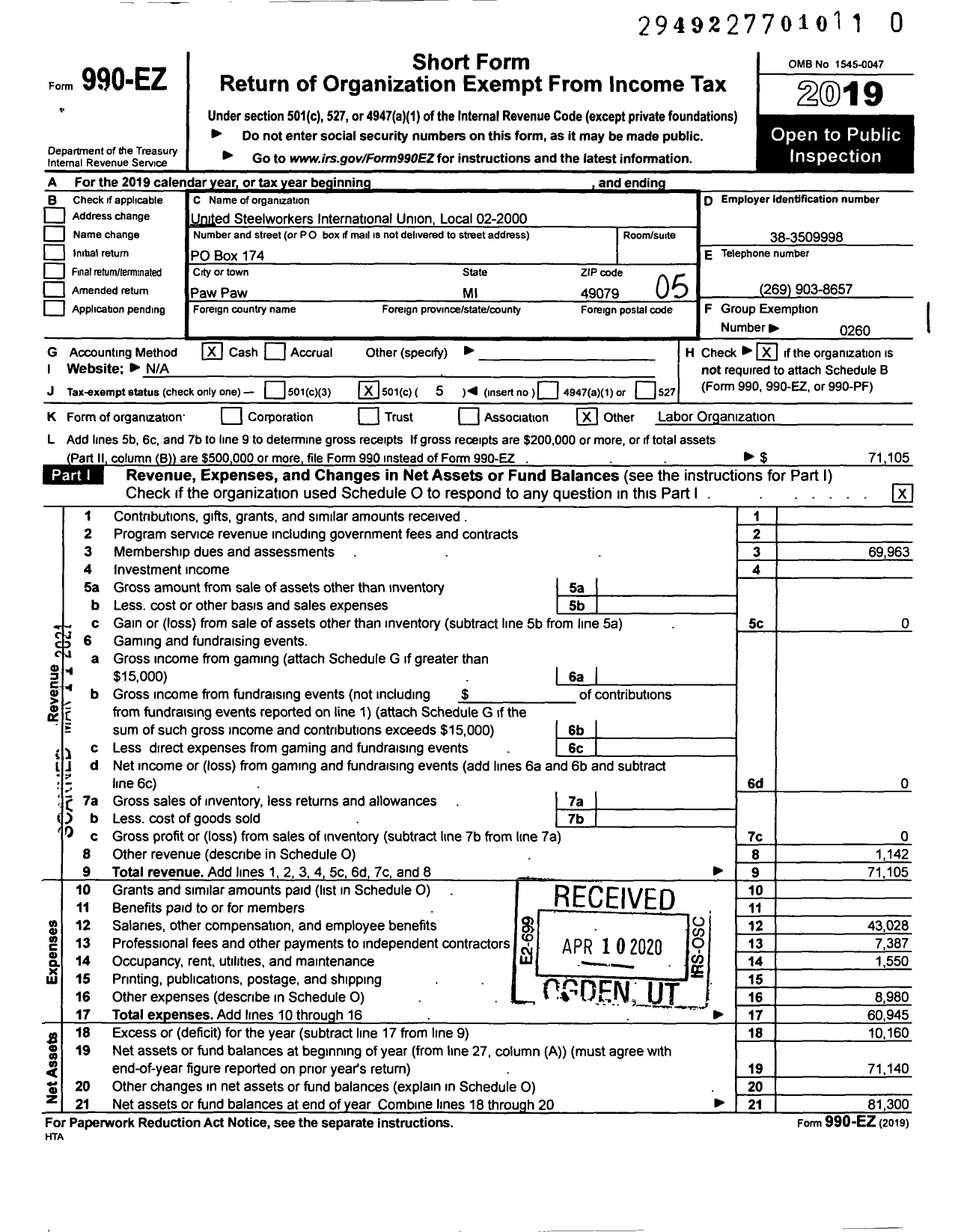 Image of first page of 2019 Form 990EO for United Steelworkers - Local 2-2000