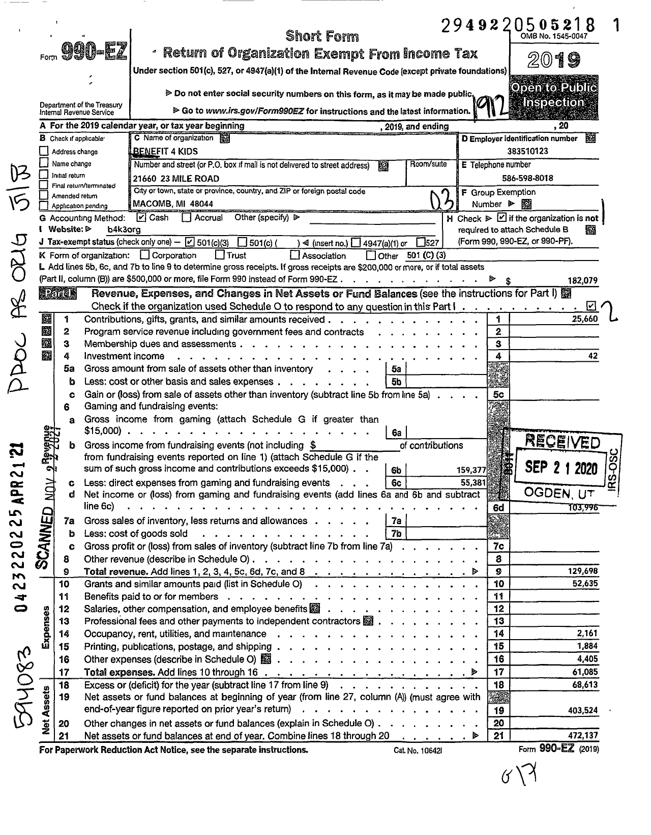 Image of first page of 2019 Form 990EZ for Benefit4kids 4 Kids