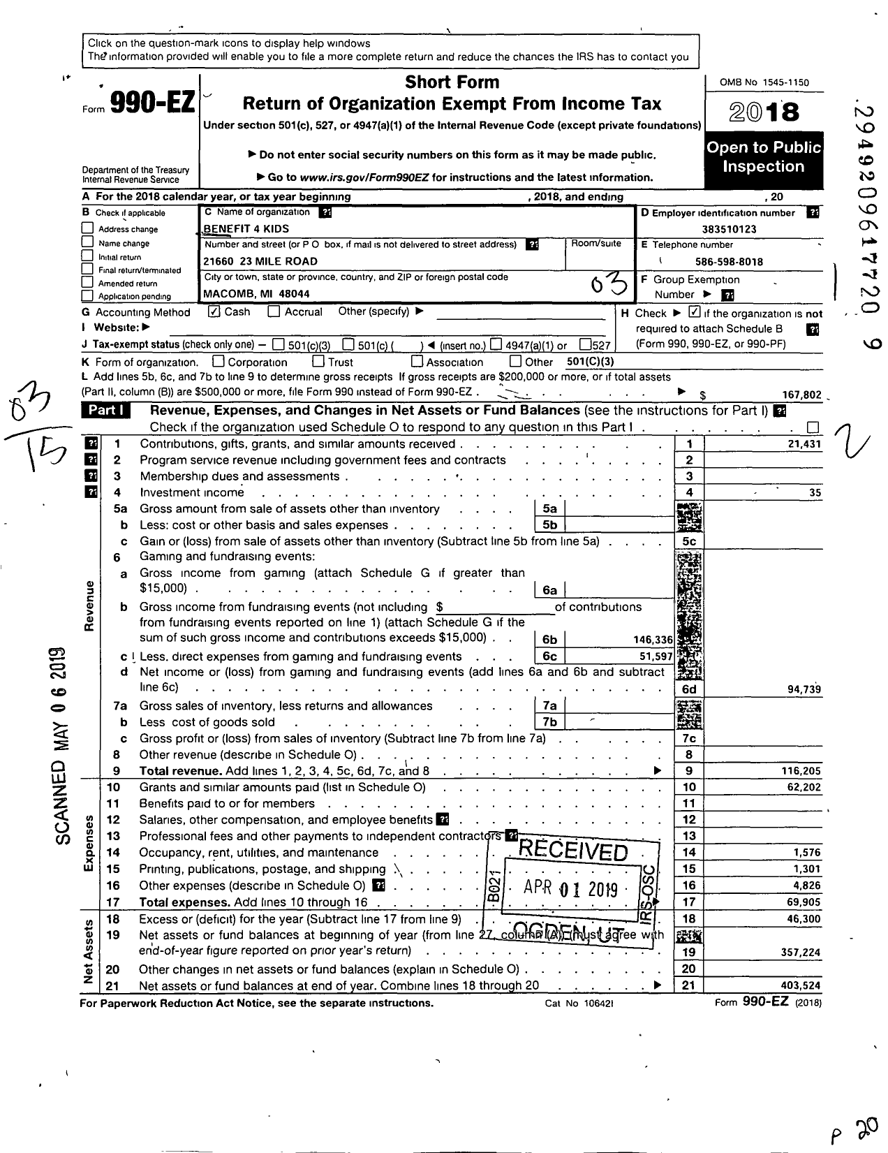 Image of first page of 2018 Form 990EZ for Benefit4kids 4 Kids