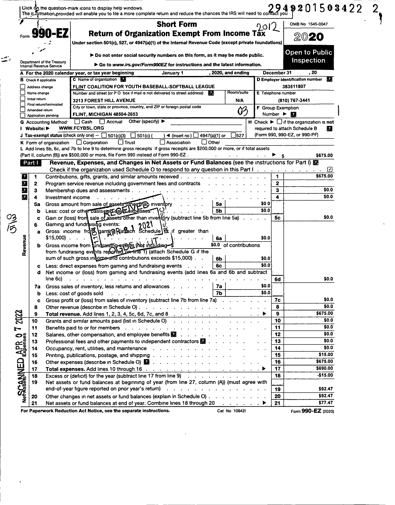 Image of first page of 2020 Form 990EZ for Flint Coalition for Youth Baseball-Softball League