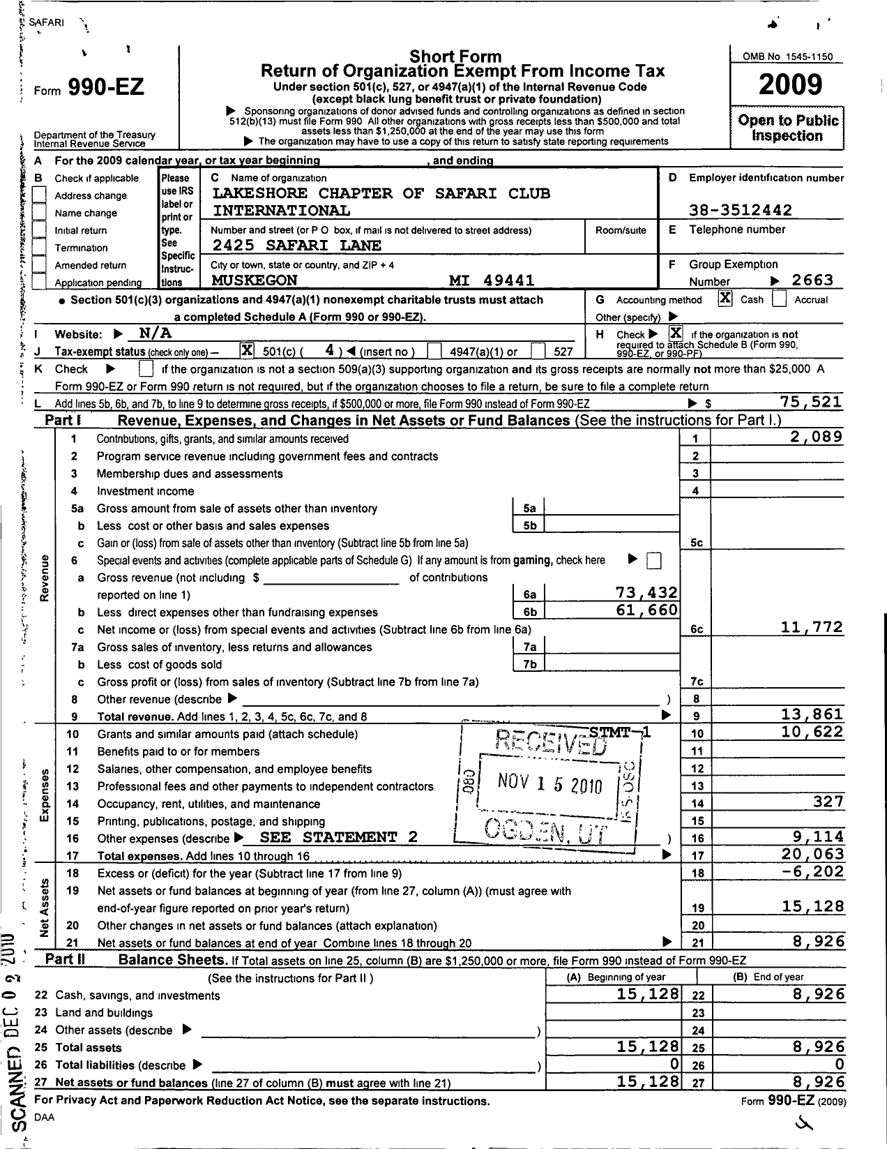 Image of first page of 2009 Form 990EO for Safari Club International Lakeshore Chapter